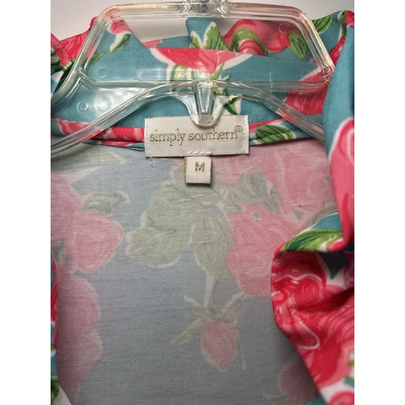 Simply Southern Floral Rose Pattern Blue Pink Ruffle Neckline Dress Size Medium - Picture 2 of 6